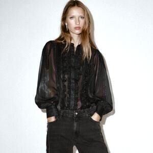 ZARA Semi-Sheer Ruffle Shirt with Beads - New! - Size: M